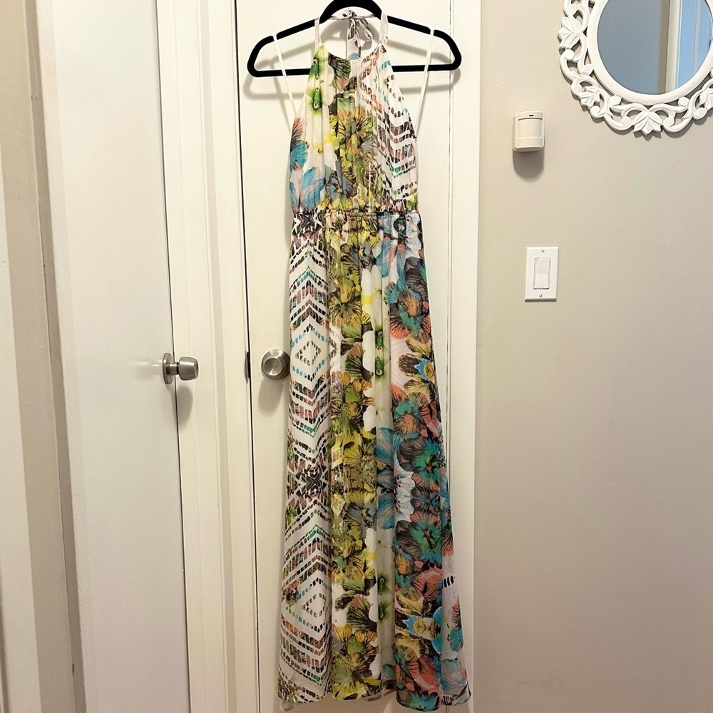 RHYME Abstract Modern Print Lined Halter Maxi Dress S unique tropical geometric